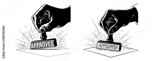 Hand Holding Rubber Stamp Stamping Approved Word On Document Comic Style Illustration