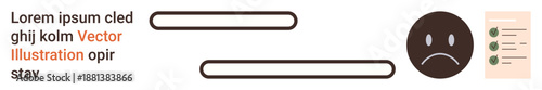 Negative feedback, digital assessment, communication, evaluation, productivity, education. Sad face icon alongside text lines and checklist item. Negative feedback and digital assessment concept