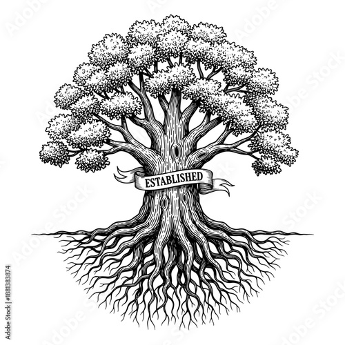 Vintage Oak Tree With Roots And Established Ribbon Banner Engraving Style Illustration