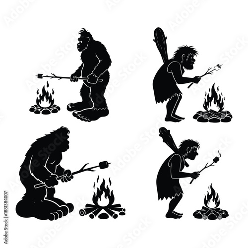 Bigfoot and Caveman Marshmallow Roasting Silhouette Vector Set