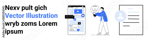 Online communication, teamwork, content creation, smartphone integration, digital tools, and innovation. A person holding a lightbulb near a mobile interface layout. Online communication and teamwork