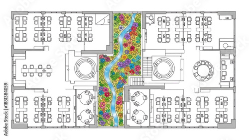 High-quality black continuous line art of an open-plan office top-view layout with workstation clusters and meeting pods, colorful indoor garden and water path, modern workspace illustration