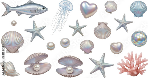 Collection of iridescent seashells starfish pearls a silver fish a jellyfish and pink coral elements from the ocean marine mollusk bivalve treasure nature aquatic scallop transparent background