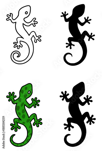 Gecko illustration icon in outline, silhouette, and colored versions