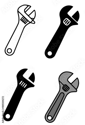 Monkey wrech illustration icon in outline, silhouette, and colored versions