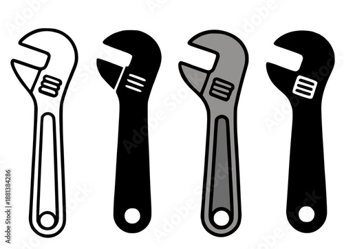 Minimalist monkey wrench icon in outline, silhouette, and colored versions