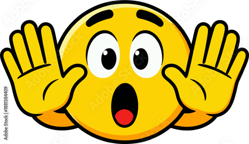 Surprised emoji with raised eyebrows wide eyes open mouth and hands up vector