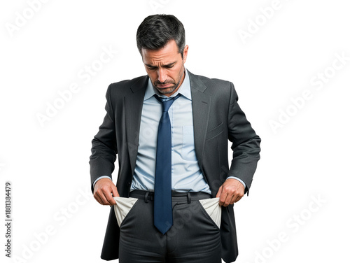 Bankrupt businessman showing empty pockets looking down