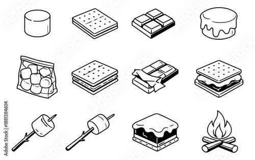 Hand drawn line art s'mores ingredients set featuring marshmallows, chocolate, graham crackers, and a campfire for outdoor adventures