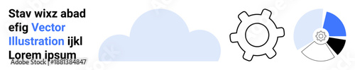 Cloud technology, data analysis, innovation, business solutions, IT services, and automation. Cloud icon, gear symbol and segmented pie chart. Cloud technology and data analysis concept