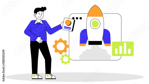 A professional man launching a startup project with a rocket icon on a web browser