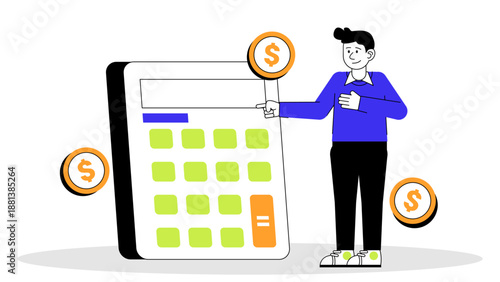 An illustration of a professional standing next to a giant calculator surrounded by floating dollar coins representing financial management