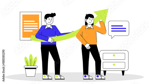 A collaborative team of professionals physically pushing a large upward-trending arrow to symbolize business expansion and collective effort