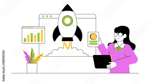 A businesswoman launching a project represented by a rocket ship taking off from a digital screen