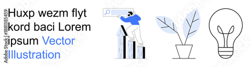 Business growth, search optimization, sustainability, innovation, strategy, research. Man analyzing growth chart, plant in a pot lightbulb icon. Business growth and search optimization concept