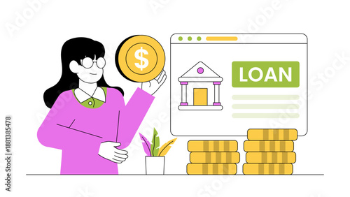 A woman holding a giant gold coin in front of a digital bank loan interface