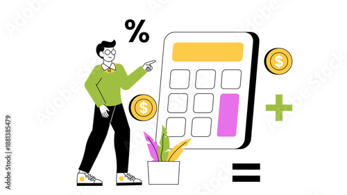 A man standing next to a giant calculator with dollar coins and mathematical symbols
