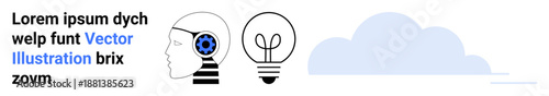 Innovation, brainstorming, problem-solving, technology, creativity, digital transformation. Human head with gear, light bulb cloud icon. Innovation and brainstorming process concept