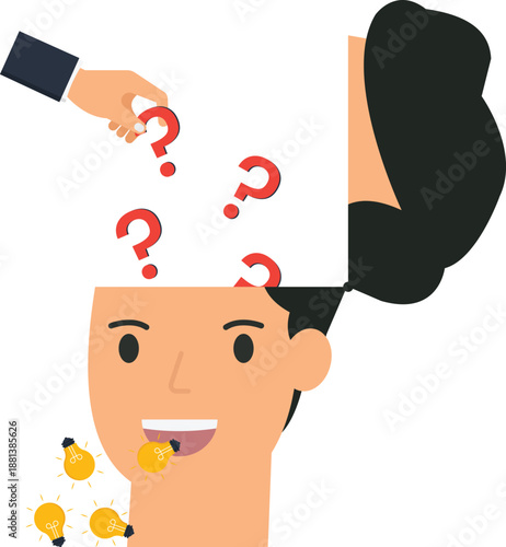 Human head open mind problem solving creative thinking idea generation question mark light bulb business concept finding solutions mental process knowledge transfer conceptual design