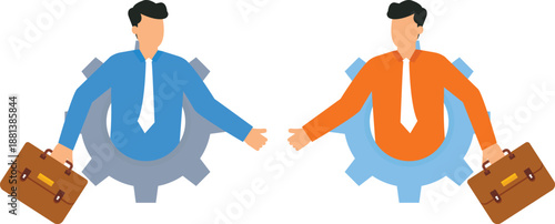 Two businessmen reaching hands business partnership corporate agreement collaboration mechanism gear system strategic planning mutual cooperation flat design digital concept