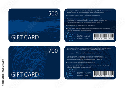 Dark blue gift card templates front and back designs with placeholder text. Graphic design layout for corporate branding, retail promotions, gifts, and loyalty programs.