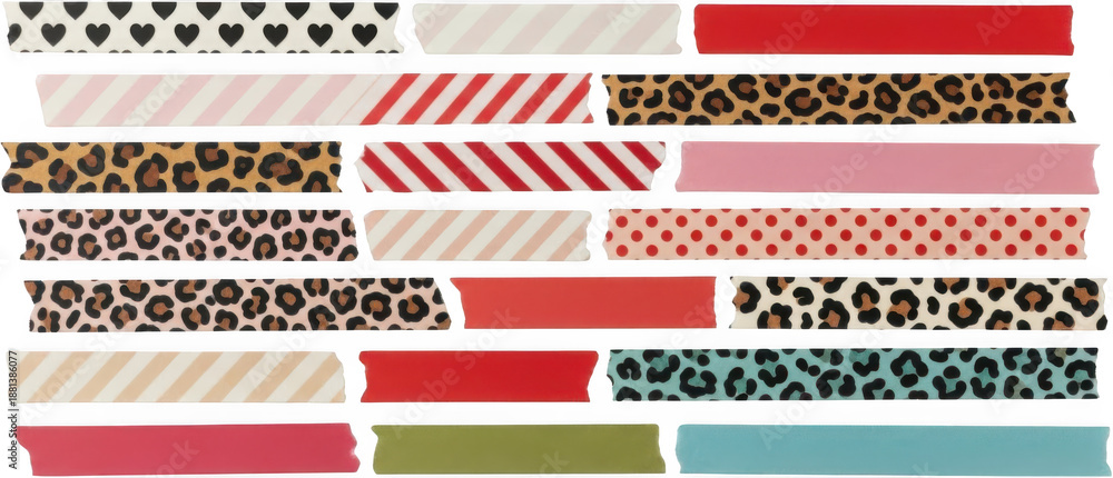 Fototapeta premium Assortment of decorative adhesive tapes featuring various patterns like leopard print stripes polka dots hearts and solid colors washi tape craft sticker element scrapbook transparent