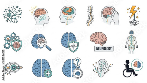A collection of neurology related vector icons and illustrations on a white background
