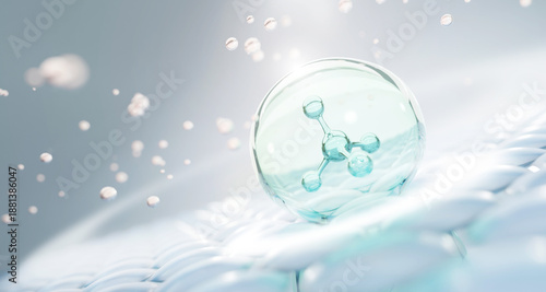 Molecule in side collagen bubble and Vitamin illustration isolated on soft color background. concept skin care cosmetics solution. 3d rendering.