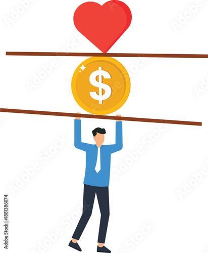 Businessman holding heavy dollar coin balancing financial pressure red heart value conflict career stress work life priority flat design concept