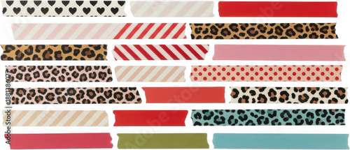 Assortment of decorative adhesive tapes featuring various patterns like leopard print stripes polka dots hearts and solid colors washi tape craft sticker element scrapbook transparent