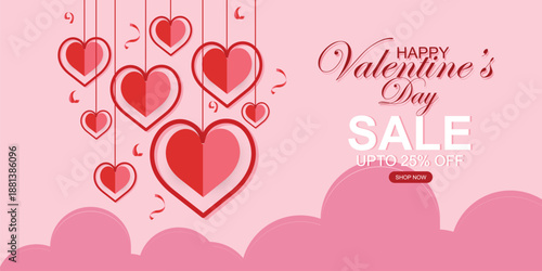Valentine's Day special offer 25% off banner with paper cut hearts