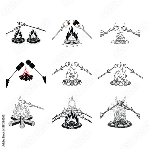 Vector illustration of a black silhouette set of marshmallow roasting campfire decorations and holiday symbols