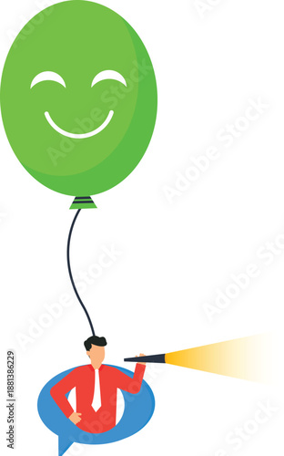 Businessman searching future vision communication strategy happy balloon optimistic outlook business exploration finding success marketing concept flat design looking forward customer review