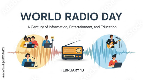 A colorful illustration celebrating World Radio Day with people broadcasting and listening to music and information
