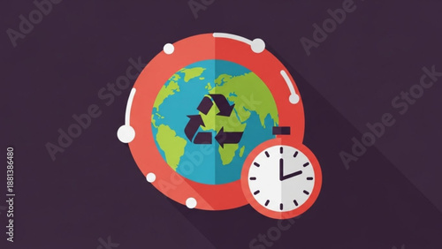 A vector graphic illustration of a globe with a recycling symbol and a clock, representing environmental sustainability and urgency.