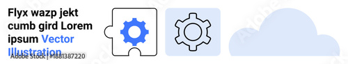 Gear puzzle piece connects with gear icon beside a cloud. Ideal for technology, software, networking, cloud solutions, system integration, collaboration, simple landing page