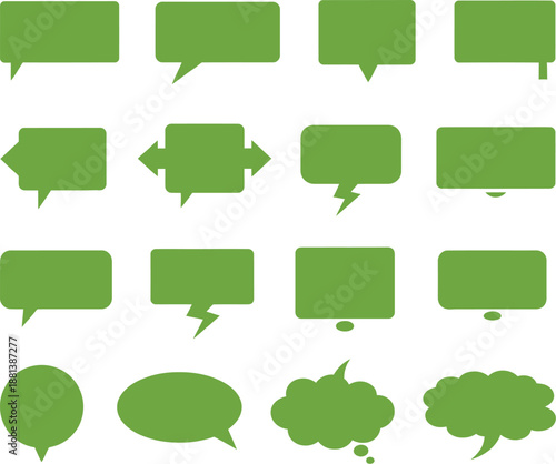 Set of green speech bubbles, comic communication chat clouds, and blank dialogue box vector icons isolated on white background.