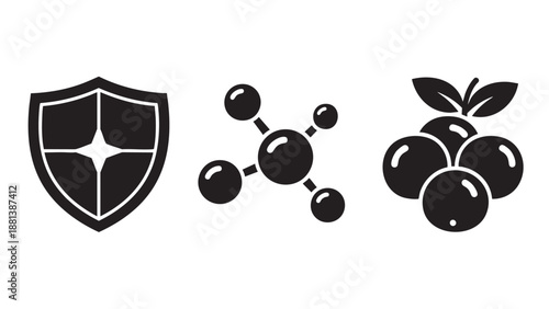 Shield emblem with molecular structure and cherry cluster icons isolated