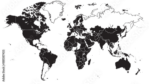 Silhouette map of world countries isolated on transparent background