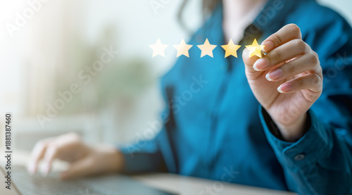 Quality assurance and customer satisfaction concept with five star rating interface, representing service evaluation, performance review, certification standards, feedback system.