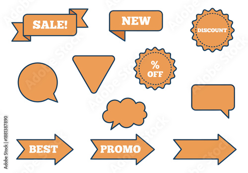 Simple line art sales and promotion graphic set featuring discount tags, new banners, and speech bubble shapes for marketing campaigns