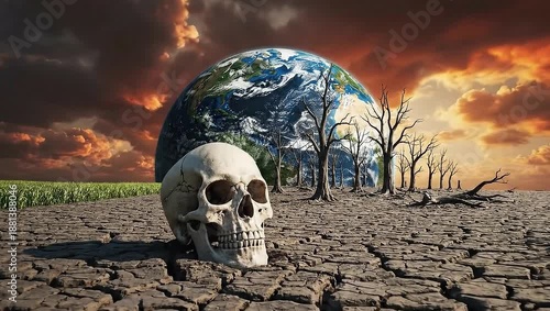 A striking visual representation of climate change, depicting a stark contrast between a lush, vibrant environment and a desolate, barren landscape, with a human skull symbolizing the dire consequenc.