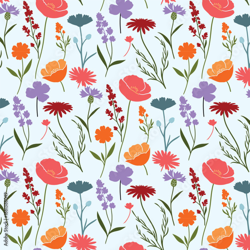 Vibrant wildflower meadow seamless pattern