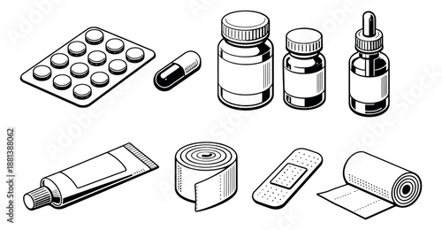 Isometric line art medical supplies set featuring medication, bottles, and bandages for healthcare and wellness