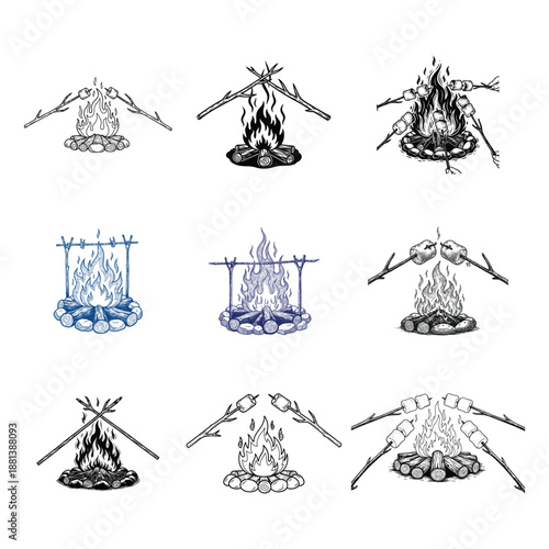 A simple vector illustration showing a set of vintage style marshmallow roasting campfire silhouettes drawn as clean black icons