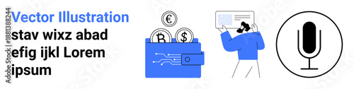 Online payment, digital finances, cybersecurity, tech innovation, virtual assistance, communication. Wallet with currency symbols, person scanning an ID microphone icon. Digital finances