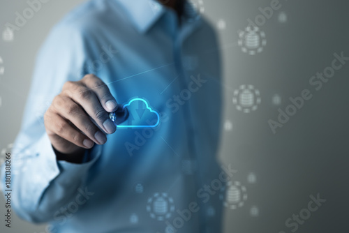 Cloud computing concept showing data upload and online storage with digital network interface, representing secure cloud infrastructure, data management, backup solutions, and technology systems.