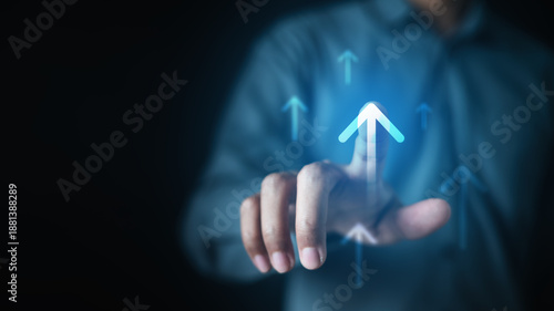 Foto Business growth concept with upward arrow and digital data visualization, representing financial success, performance improvement, strategic planning, and technology-driven progress