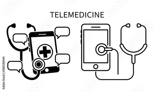 Telehealth telemedicine icon set line art vector