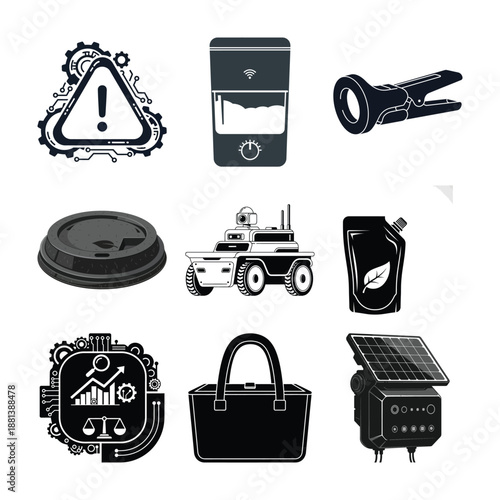 Ai Warning Alert Symbol, Smart Humidity Control Device, Led Flashlight Icon, Coffee Cup Lid, Autonomous Rover Robot, Eco Liquid Pouch, Ai Analytics Dashboard, Shopping Tote Bag, Solar Power Unit Icons
